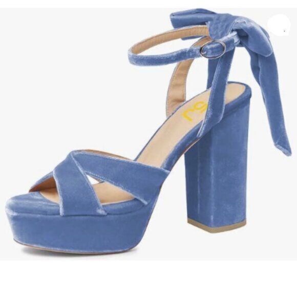 FSJ Women Platform Chunky High Heel Sandals Velvet Peep Toe Bowtie Blue - Picture 1 of 8